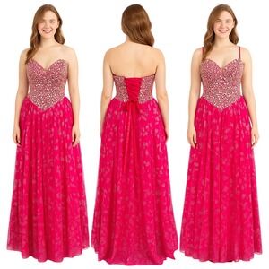 Jovani Dress Size 0 Fuchsia Silver Strapless Sweetheart Beaded Tulle Gown Formal